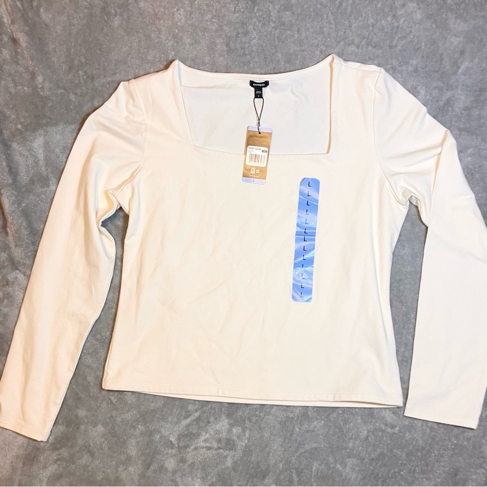 NEW Express Women Soft Stretch Long Sleeve Lightweight Squareneck Top‎ Cream NWT